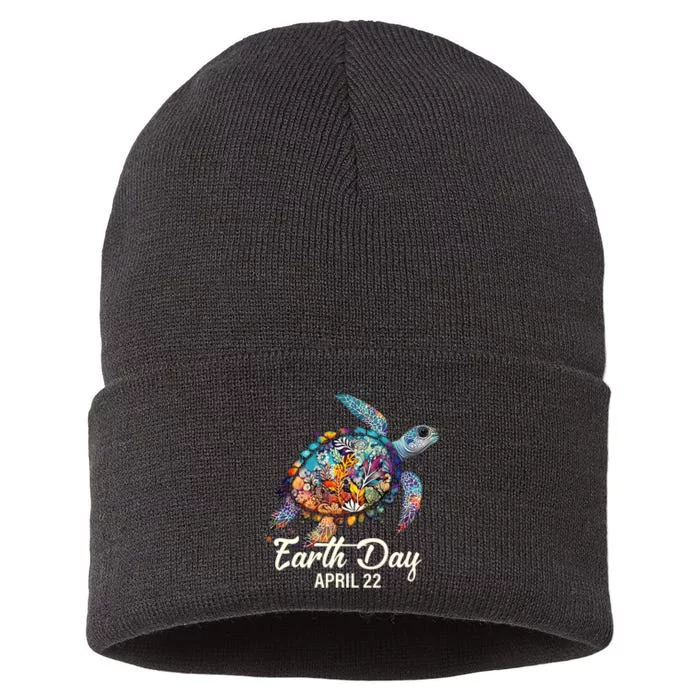 Earth Day 2024 Restore Earth Sea Turtle Art Save The Planet Sustainable Knit Beanie