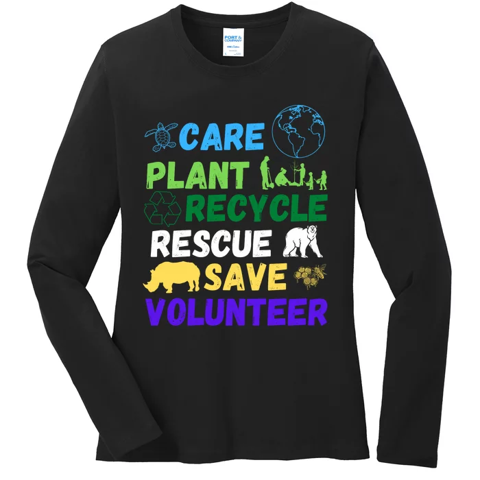 Earth Day 2024 Save Bees Rescue Animals Plant Trees Recycle Ladies Long Sleeve Shirt