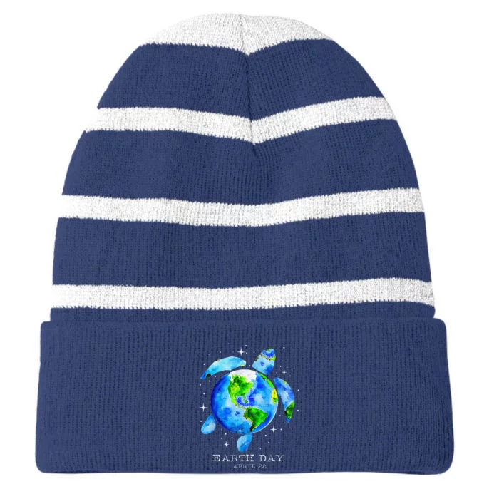 Earth Day 2024 Restore Earth Sea Turtle Art Save The Planet Striped Beanie with Solid Band