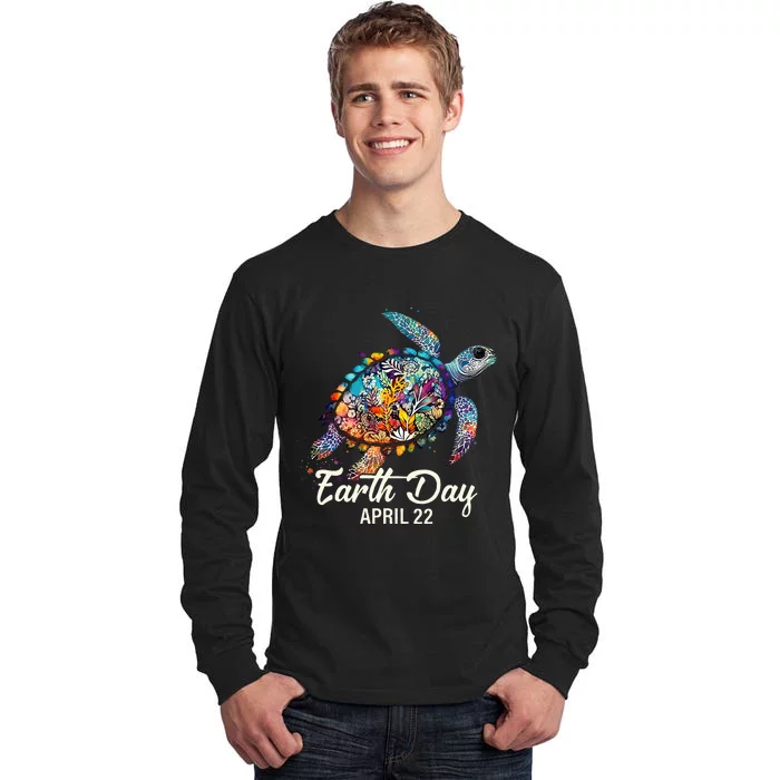 Earth Day 2024 Restore Earth Sea Turtle Art Save The Planet Tall Long Sleeve T-Shirt