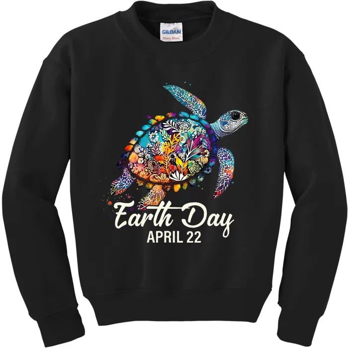 Earth Day 2024 Restore Earth Sea Turtle Art Save The Planet Kids Sweatshirt