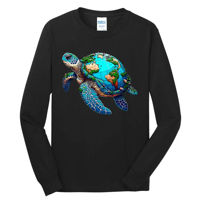 Earth Day 2024 Restore Earth Sea Turtle Art Save The Planet Tall Long Sleeve T-Shirt