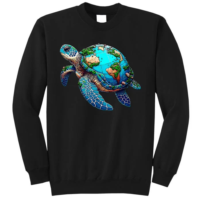 Earth Day 2024 Restore Earth Sea Turtle Art Save The Planet Tall Sweatshirt