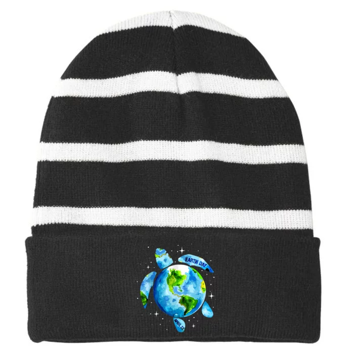 Earth Day 2024 Restore Earth Sea Turtle Art Save The Planet Striped Beanie with Solid Band