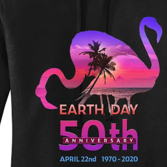 Earth Day 50th Anniversary Pink Flamingos Sunset Silhouette Women's Pullover Hoodie