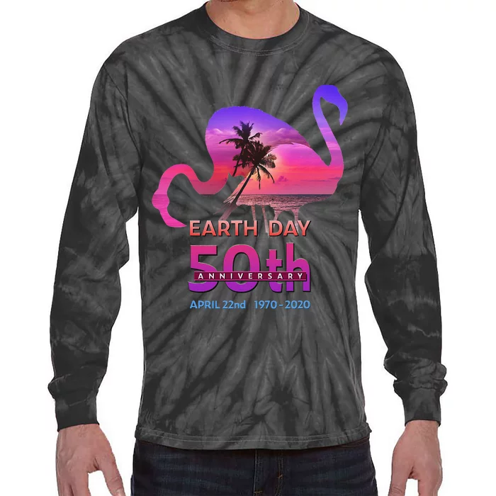 Earth Day 50th Anniversary Pink Flamingos Sunset Silhouette Tie-Dye Long Sleeve Shirt