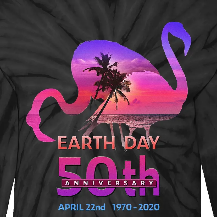 Earth Day 50th Anniversary Pink Flamingos Sunset Silhouette Tie-Dye Long Sleeve Shirt