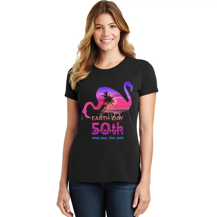 Earth Day 50th Anniversary Pink Flamingos Sunset Silhouette Women's T-Shirt