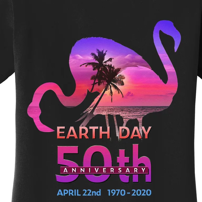 Earth Day 50th Anniversary Pink Flamingos Sunset Silhouette Women's T-Shirt