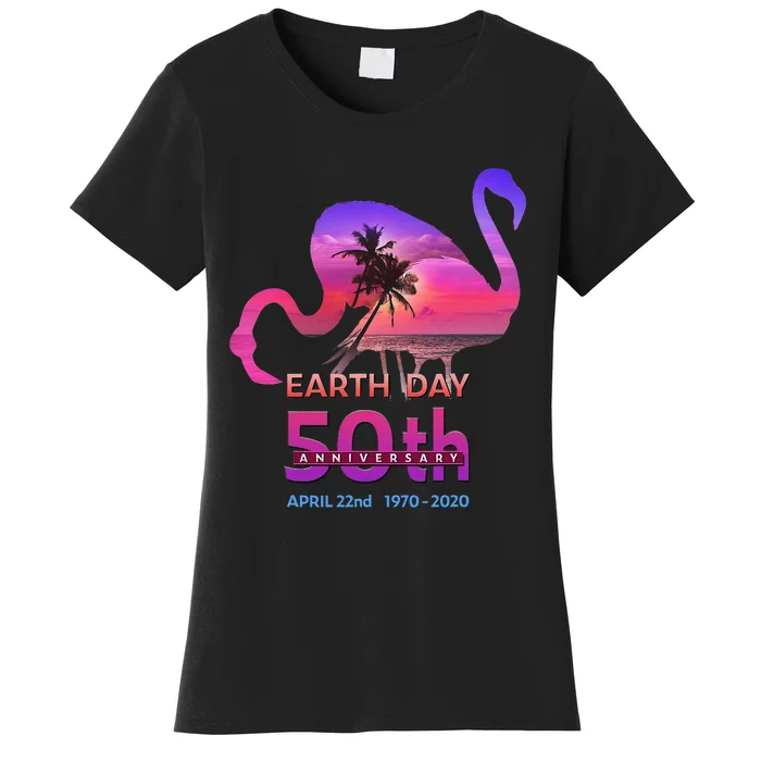 Earth Day 50th Anniversary Pink Flamingos Sunset Silhouette Women's T-Shirt