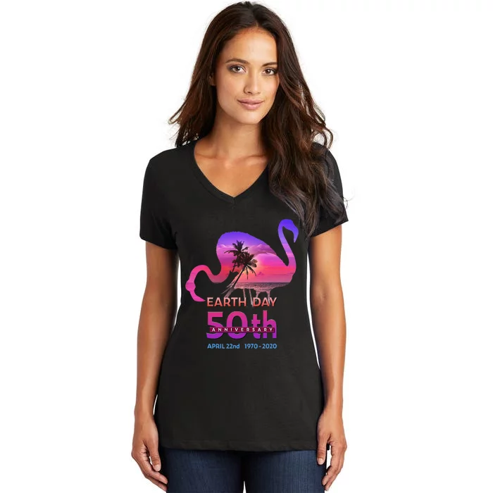 Earth Day 50th Anniversary Pink Flamingos Sunset Silhouette Women's V-Neck T-Shirt