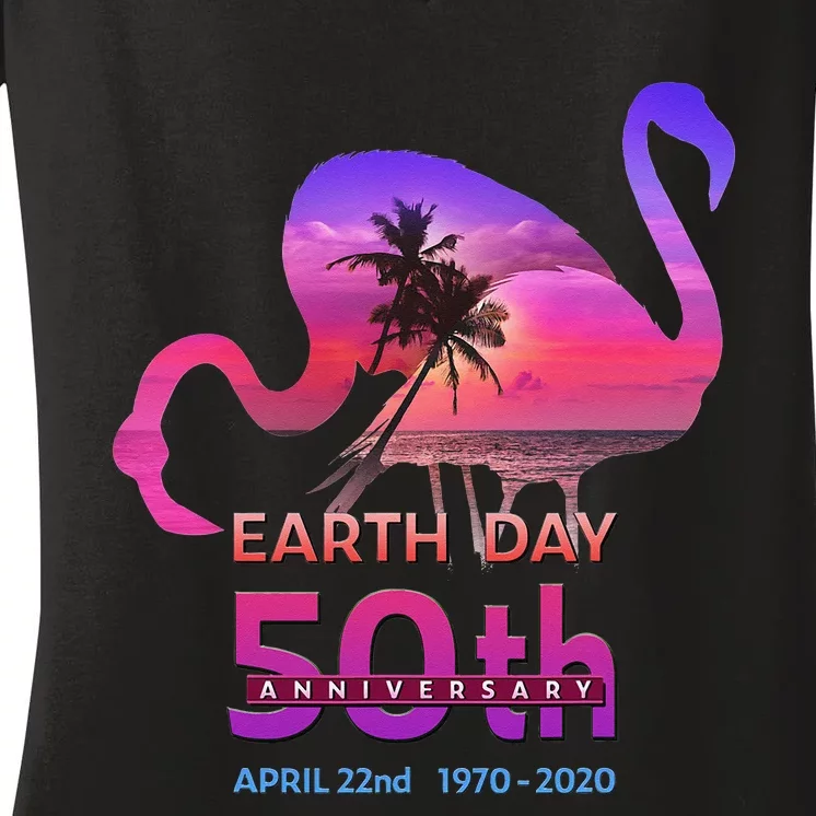 Earth Day 50th Anniversary Pink Flamingos Sunset Silhouette Women's V-Neck T-Shirt