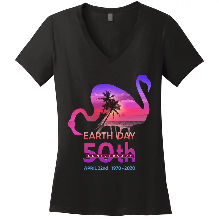 Earth Day 50th Anniversary Pink Flamingos Sunset Silhouette Women's V-Neck T-Shirt