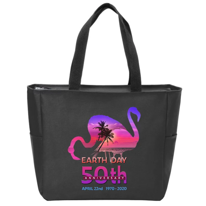 Earth Day 50th Anniversary Pink Flamingos Sunset Silhouette Zip Tote Bag