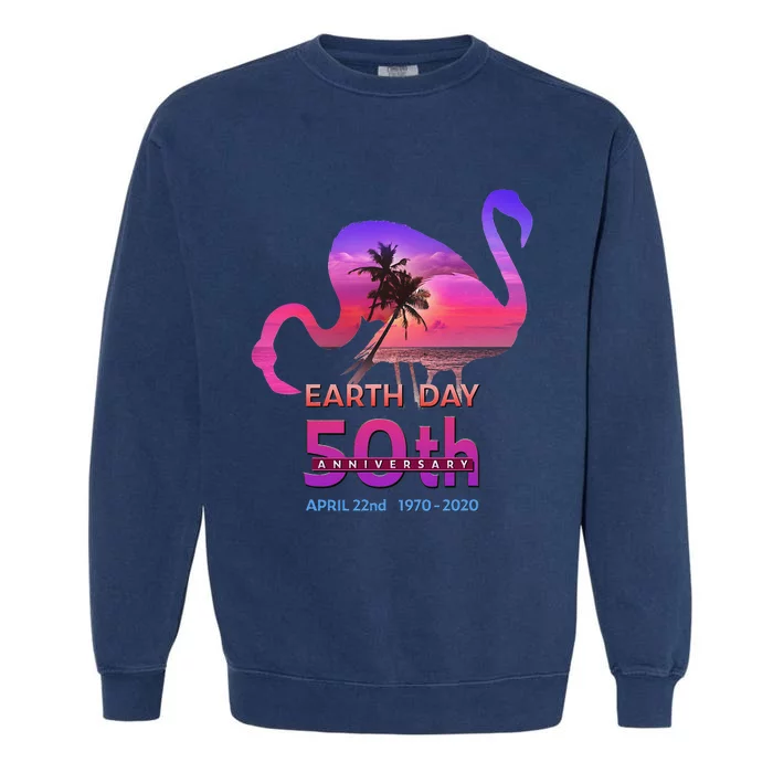 Earth Day 50th Anniversary Pink Flamingos Sunset Silhouette Garment-Dyed Sweatshirt