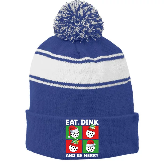 Eat Dink And Be Merry Cute Gift Holiday Pickleball Sport Lover Gift Stripe Pom Pom Beanie