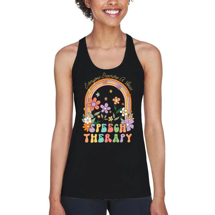 Everyone Deserves A Voice Speech Therapy Rainbow Flowers 70s Women's Racerback Tank