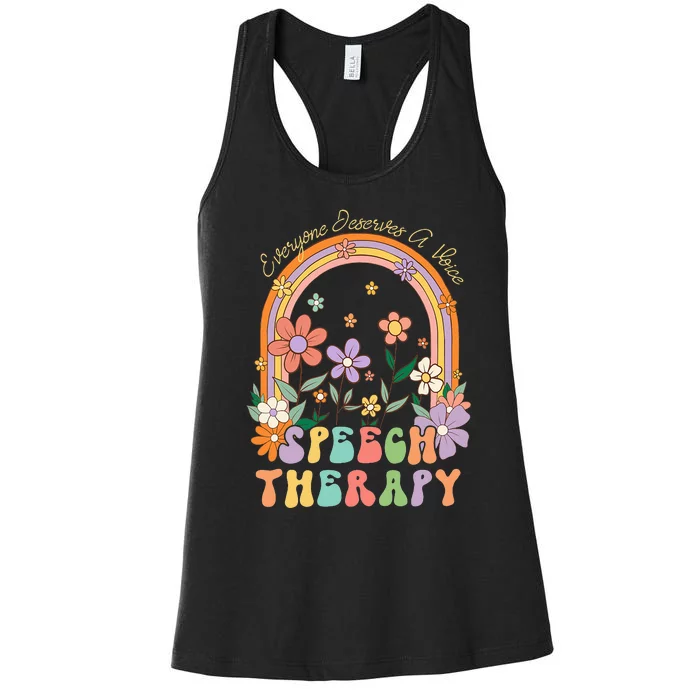 Everyone Deserves A Voice Speech Therapy Rainbow Flowers 70s Women's Racerback Tank