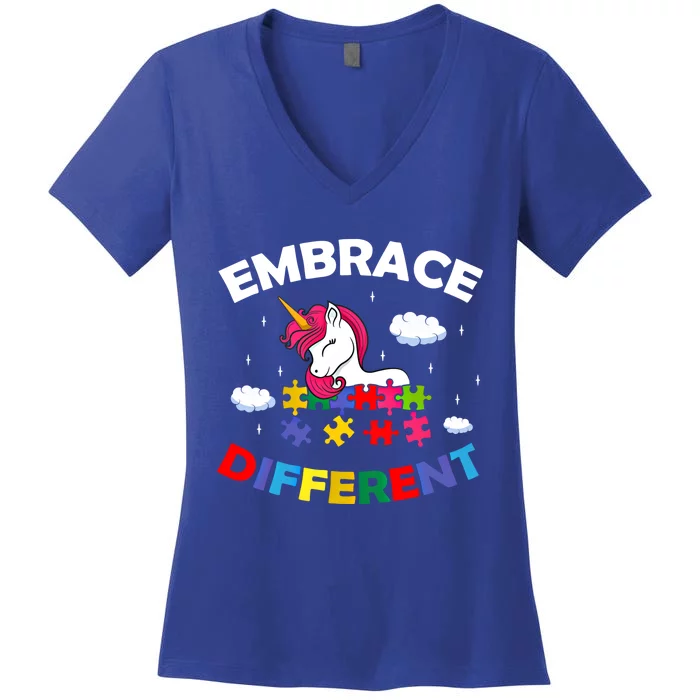 Embrace Different Autism Awareness Unicorn Gift Women's V-Neck T-Shirt