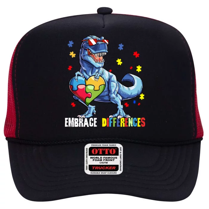 Embrace Differences Asd Spectrum Dinosaur Autism Awareness Gift High Crown Mesh Trucker Hat