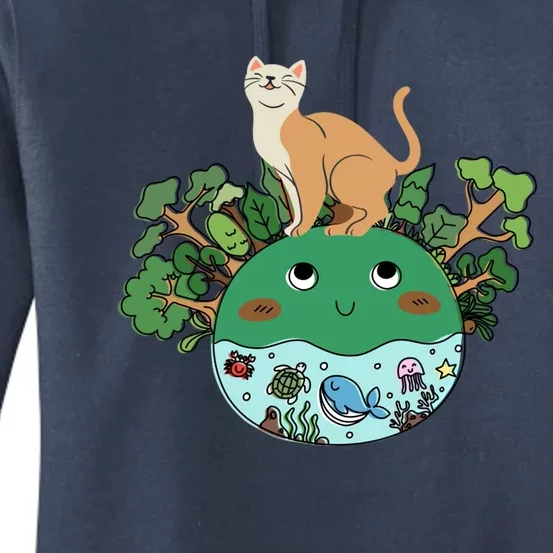 Earth Day April Earth Design With A Cat Gift Women's Pullover Hoodie