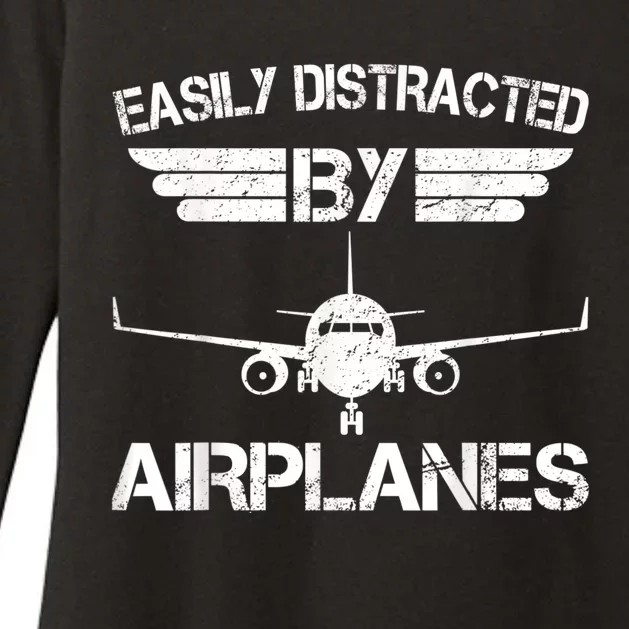 Easily Distracted By Airplanes Aviation Pilot Airplane Lover Womens CVC Long Sleeve Shirt