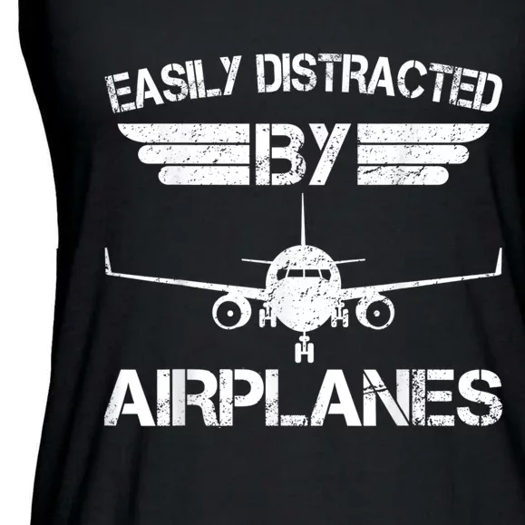 Easily Distracted By Airplanes Aviation Pilot Airplane Lover Ladies Essential Flowy Tank