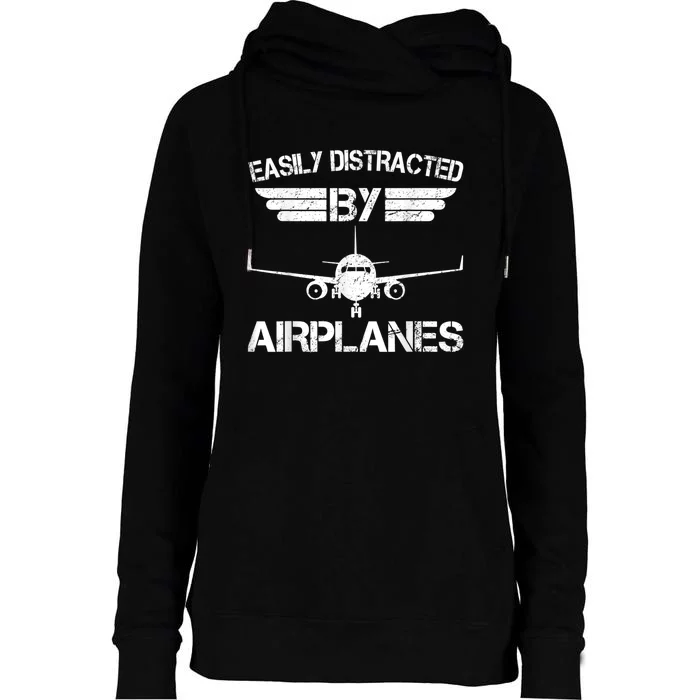 Easily Distracted By Airplanes Aviation Pilot Airplane Lover Womens Funnel Neck Pullover Hood