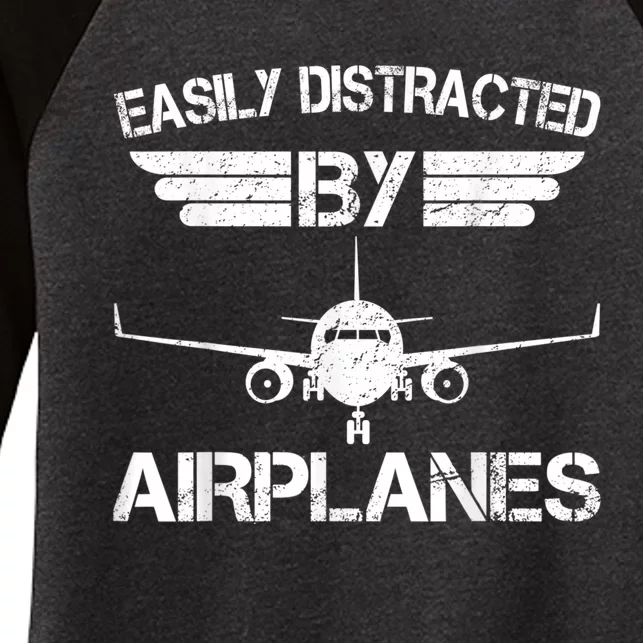 Easily Distracted By Airplanes Aviation Pilot Airplane Lover Women's Tri-Blend 3/4-Sleeve Raglan Shirt