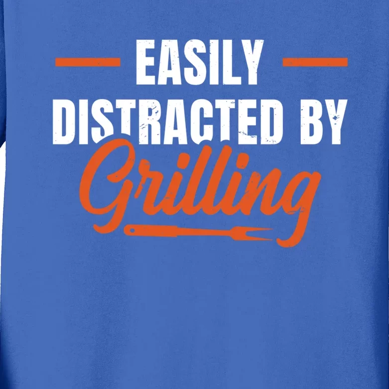 Easily Distraced By Grilling Barbecue Grill Master Steak Bbq Gift Kids Long Sleeve Shirt