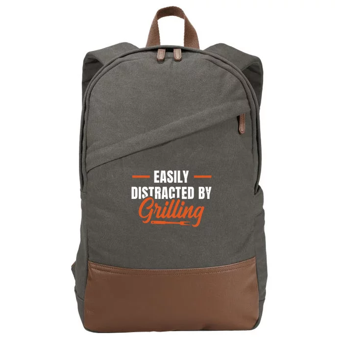 Easily Distraced By Grilling Barbecue Grill Master Steak Bbq Gift Cotton Canvas Backpack