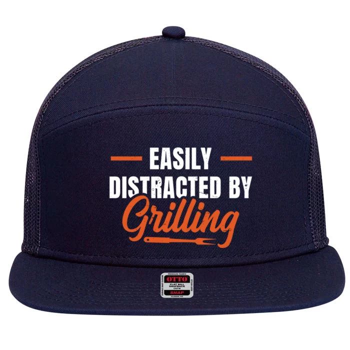 Easily Distraced By Grilling Barbecue Grill Master Steak Bbq Gift 7 Panel Mesh Trucker Snapback Hat