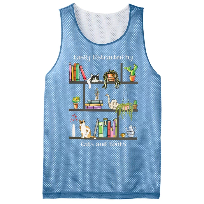 Easily Distracted By Cats And Books Cat Book Lovers Bookworm Mesh Reversible Basketball Jersey Tank