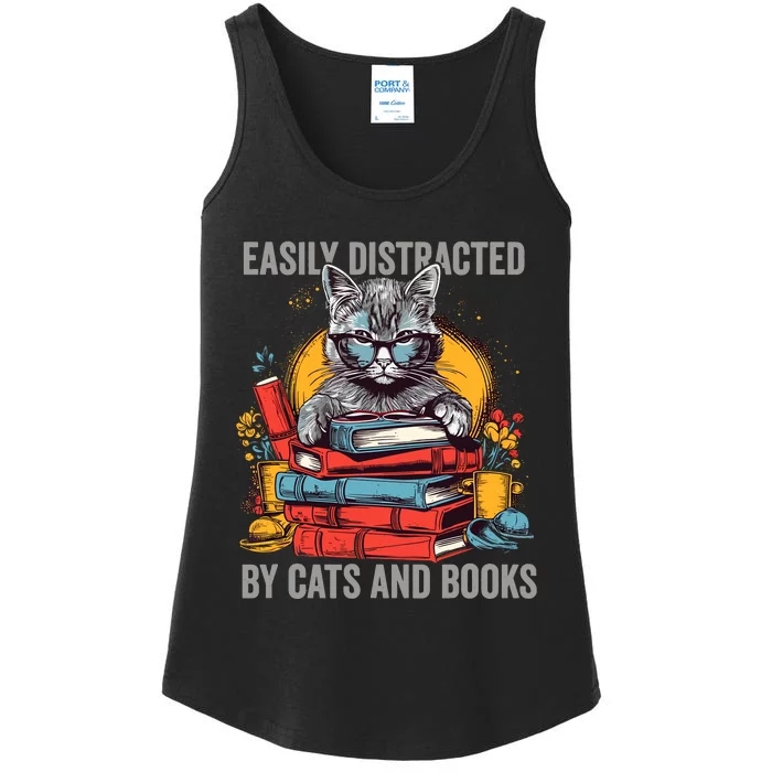 Easily Distracted By Cats And Books Book Lovers Ladies Essential Tank