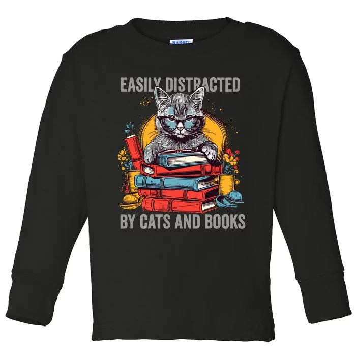 Easily Distracted By Cats And Books Book Lovers Toddler Long Sleeve Shirt