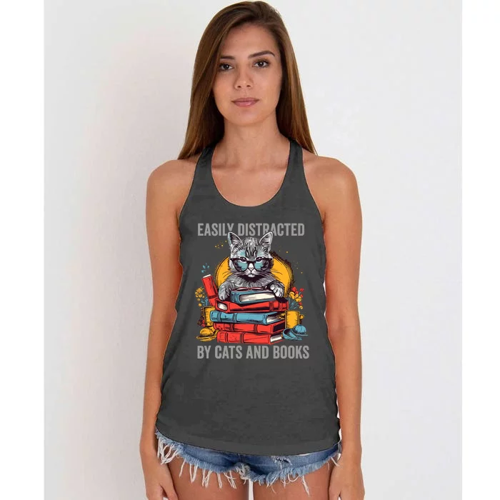 Easily Distracted By Cats And Books Book Lovers Women's Knotted Racerback Tank