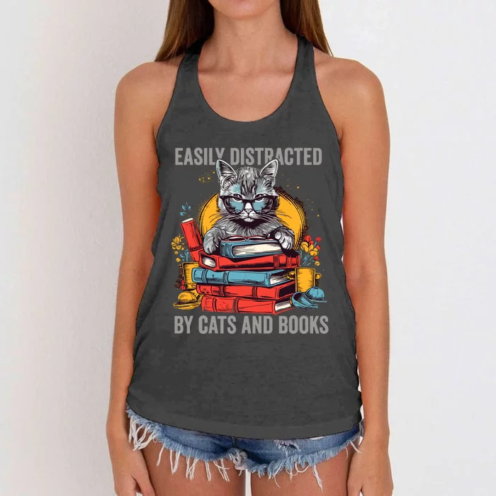 Easily Distracted By Cats And Books Book Lovers Women's Knotted Racerback Tank