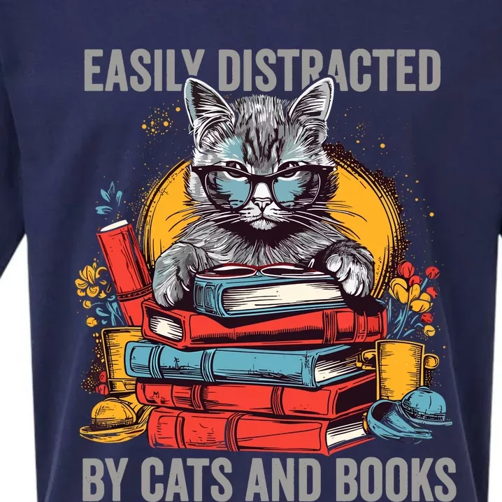 Easily Distracted By Cats And Books Book Lovers Sueded Cloud Jersey T-Shirt