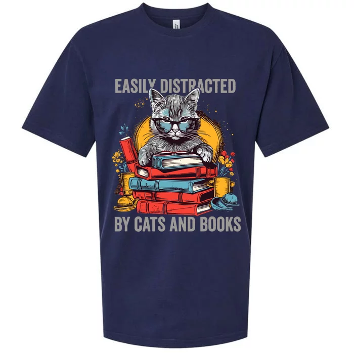 Easily Distracted By Cats And Books Book Lovers Sueded Cloud Jersey T-Shirt