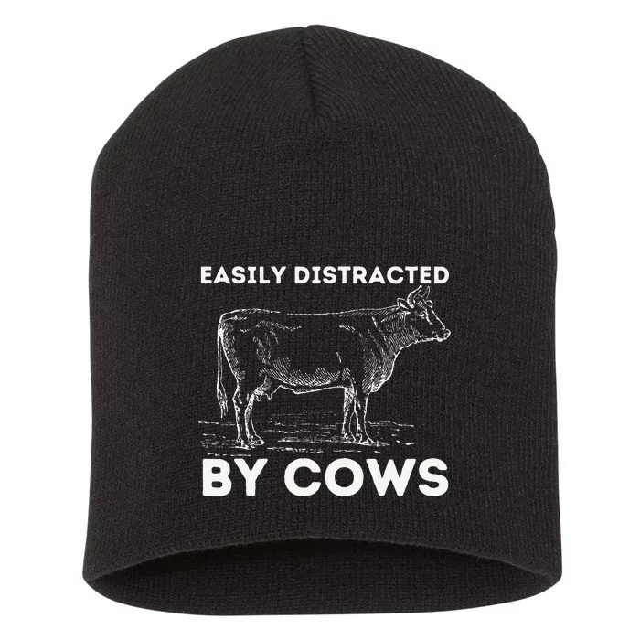 Easily Distracted By Cow Lover Famer Cattle Ranch Short Acrylic Beanie