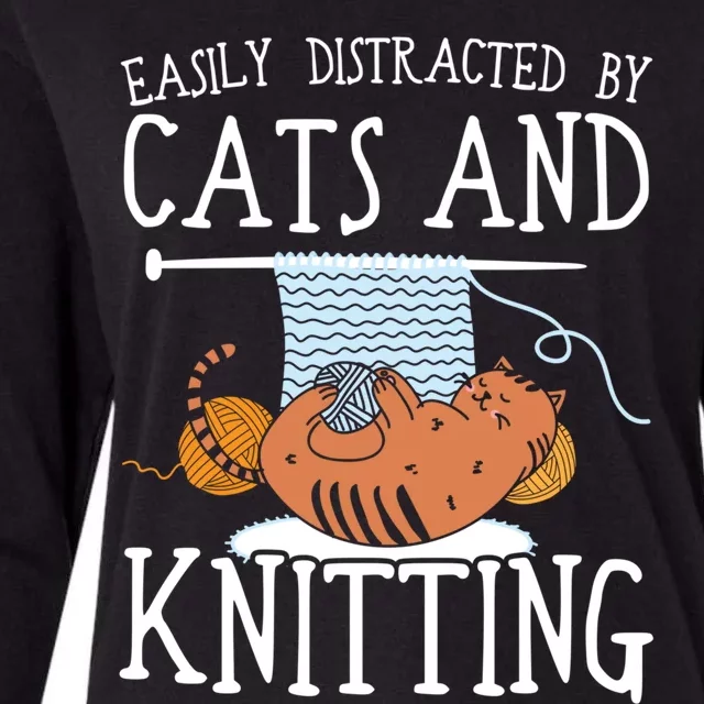 Easily Distracted By Cats And Knitting Crochet Kitty Lover Gift Womens Cotton Relaxed Long Sleeve T-Shirt