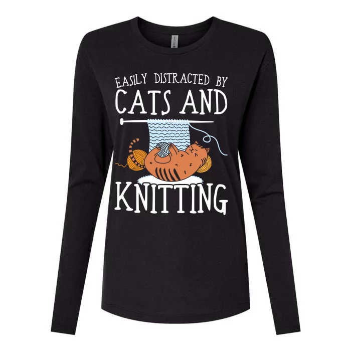 Easily Distracted By Cats And Knitting Crochet Kitty Lover Gift Womens Cotton Relaxed Long Sleeve T-Shirt