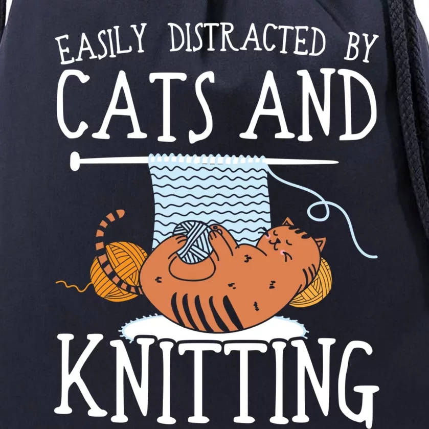 Easily Distracted By Cats And Knitting Crochet Kitty Lover Gift Drawstring Bag