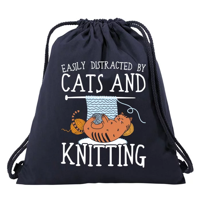 Easily Distracted By Cats And Knitting Crochet Kitty Lover Gift Drawstring Bag