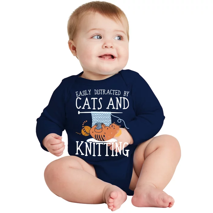 Easily Distracted By Cats And Knitting Crochet Kitty Lover Gift Baby Long Sleeve Bodysuit