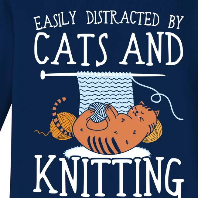 Easily Distracted By Cats And Knitting Crochet Kitty Lover Gift Baby Long Sleeve Bodysuit