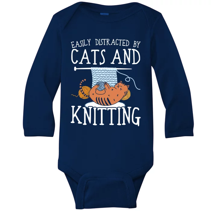 Easily Distracted By Cats And Knitting Crochet Kitty Lover Gift Baby Long Sleeve Bodysuit