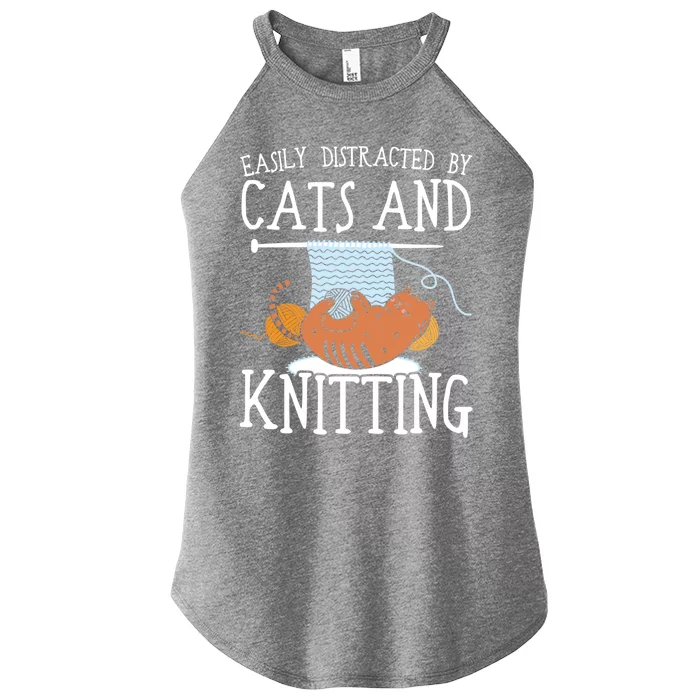 Easily Distracted By Cats And Knitting Crochet Kitty Lover Gift Women’s Perfect Tri Rocker Tank