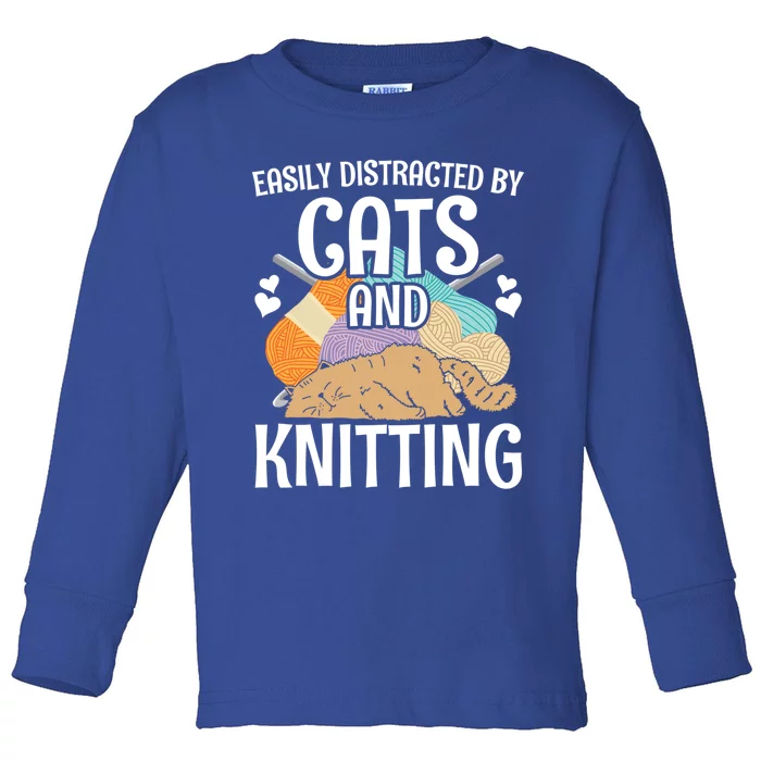 Easily Distracted By Cats And Knitting Crochet Kitty Lover Cute Gift Toddler Long Sleeve Shirt