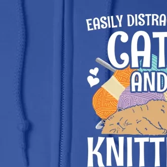 Easily Distracted By Cats And Knitting Crochet Kitty Lover Cute Gift Full Zip Hoodie